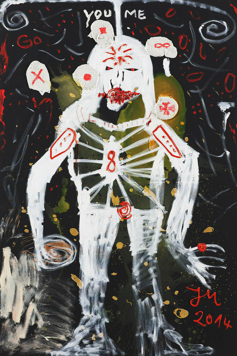 Jonathan Meese, "DER 1. GEIST DES 1. SOLDATEN BACKT DAS DADDYBROT" 2014, oil, acrylic and acrylic modelling paste on canvas, 210.5 x 140.3 x 3.3 cm, 82 7/8 x 55 1/4 x 1 1/4 ins, Copyright the artist; Courtesy the artist and Stuart Shave/Modern Art, London