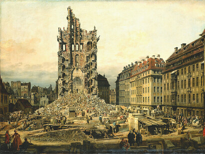 The Demolition of the Ruins of the Kreuzkirche, 1765, Bernardo Bellotto, oil on canvas. Gemäldegalerie Alte Meister, Staatliche Kunstsammlungen, Dresden. Image: bpk Bildagentur / Gemäldegalerie Alte Meister / Elke Estel / Hans-Peter Klut / Art Resource, NY