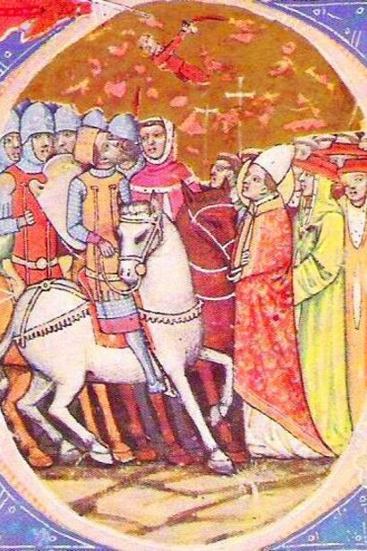 Miniatura di Attila che incontra Papa Leone Magno, 1360