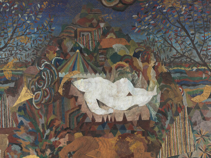Tom Anholt, The Lion’s Second Dream, 2017,Oil on collaged linen 130 x 190 cm © Tom Anholt, 2017 Image courtesy of the Saatchi Gallery,London