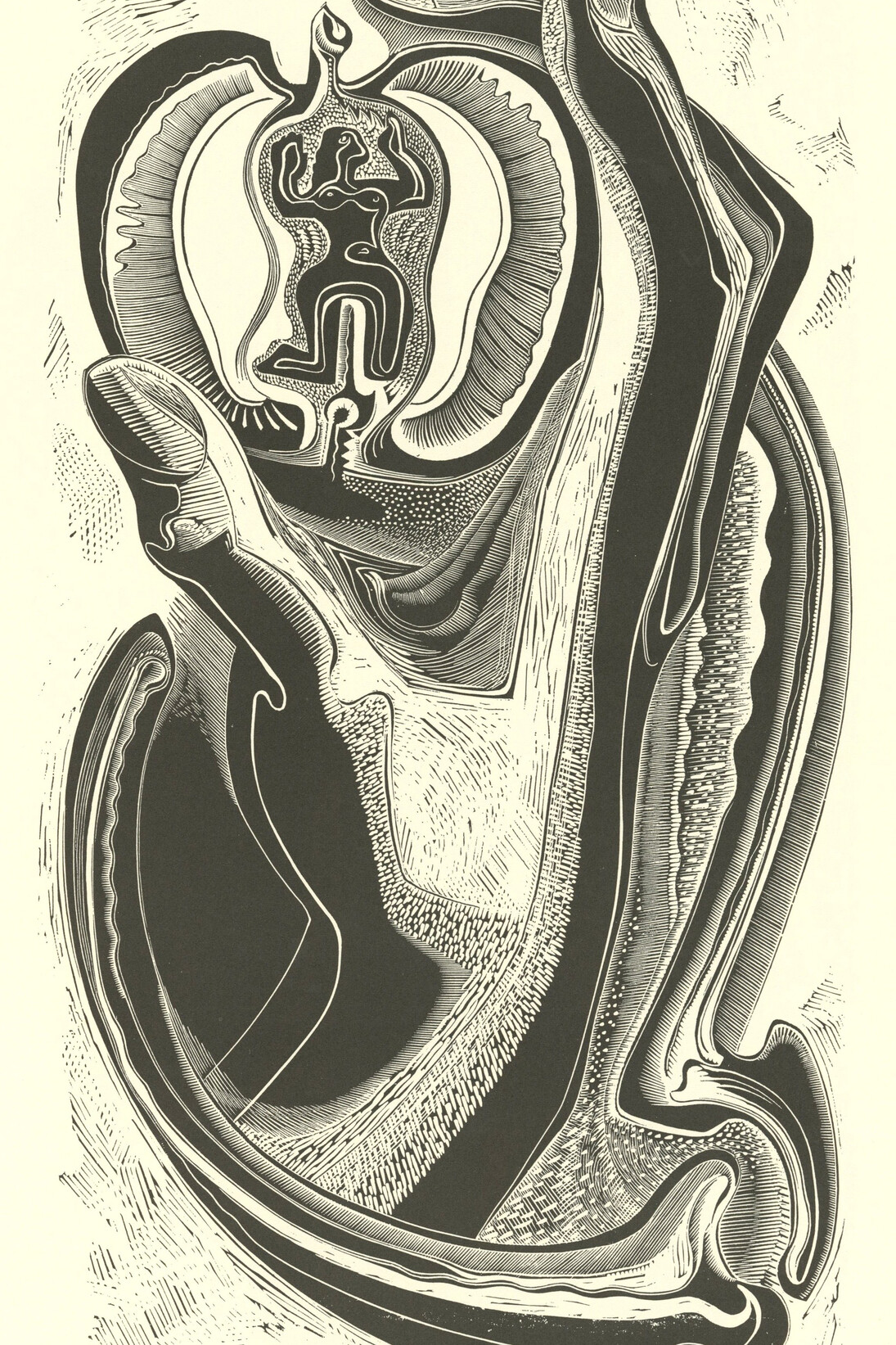 Gertrude Hermes, Adam & Eve, 1933, wood engraving, (reduced from 17 x 9.5 in), Courtesy the Ashmolean Museum of Art and Archaeology © The Gertrude Hermes Estate