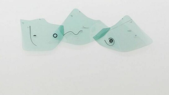 James Clarkson, Relief Construction, 2012. Citroen Picasso car windows, windscreen wiper blades, exhaust parts and an exploded metal replica of Picasso's signature. 90 x 220 cm