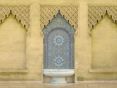 A public fountain with beautiful tilework, illustrating the combination of design and functionality in Rabat, Morocco