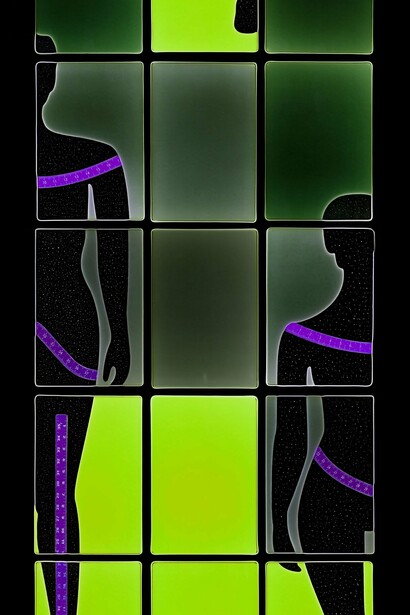 Sara Greenberger Rafferty,
An Audience (Lime Green
Variation) (detail), 2024,
Laminated Inkjet print,
80 × 36 inches. Courtesy of the artist and Document Chicago | Lisbon