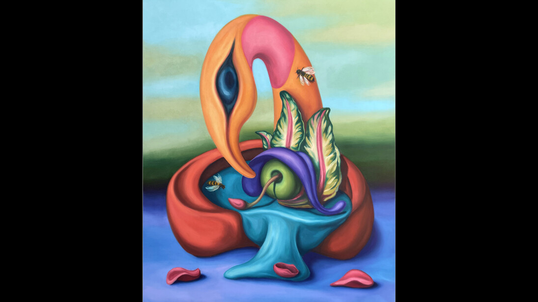 Kora Moya Rojo, Tu Perfume Rosa, Ave Suntuosa, 2022, oil and acrylic on canvas, 120x100 cm