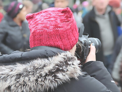 Woman wearing pussyhat at Women's March in Washington