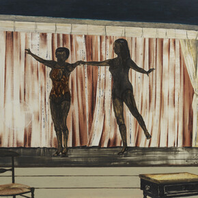 Mamma Andersson, Behind the Curtain, 2014, Oil on panel, 48 x 65 5/8 inches (121.9 x 166.7 cm)