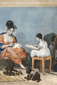 Jean-Baptiste Debret, pintor francés (1768 — 1848) "Una dama de fortuna ordinaria en su hogar en medio de sus hábitos diarios"