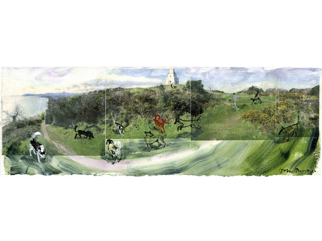 John Short, Dogs on Killiney Hill, Killiney, County Dublin, ink, watercolour and photo transfers, 100 x 35 cm