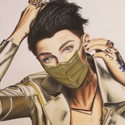 Sofia Pirco, Donna con mascherina d’oro, matite, penna gel bianca su carta