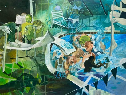 Rachel Zhang, Purgatory pool, 2023. Oil on canvas. 56 x 68 in | 142 x 172 cm. Courtesy of the artist and Fragment Gallery