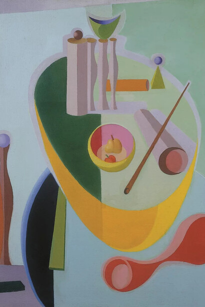 Paule Vézelay, Collection of objects on a blue table, 1934. Courtesy of Arp Museum