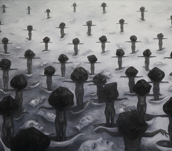 Jiyoung Park, Maybe I m standing here backed, 35.8x 28.4 inch, charcoal plumbago gouache on canvas, 2024. Courtesy of Kate Oh Gallery 