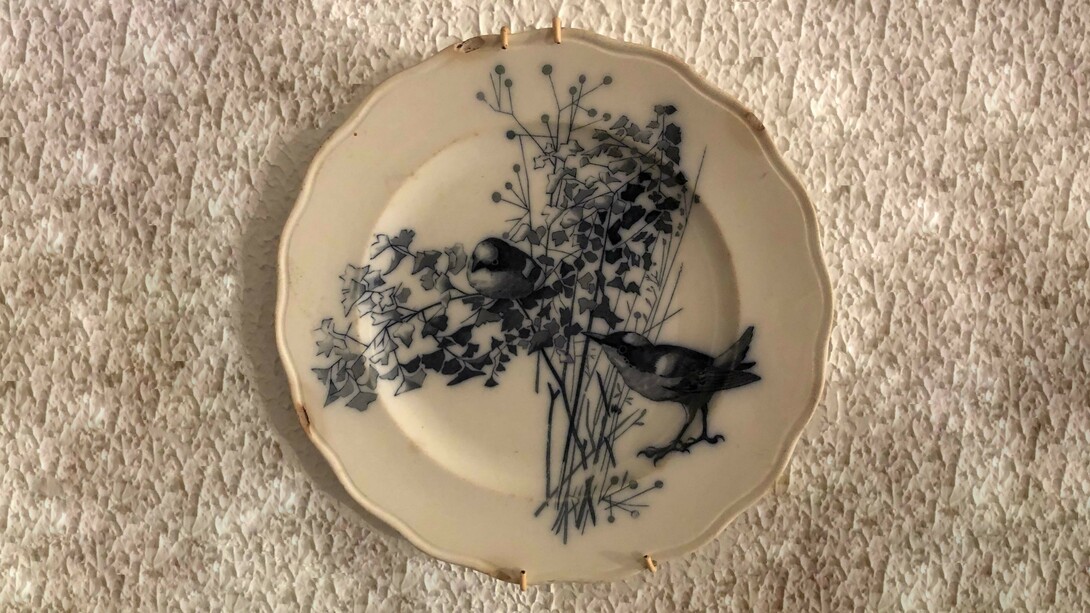 Piatto con due uccellini che si guardano attraverso gli steli di un capelvenere, acquistato da Bourgeois in rue Drouot a Parigi