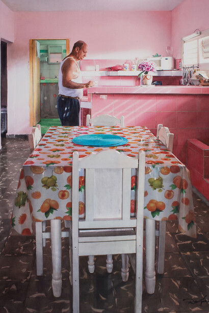 Rance Jones, Pink Kitchen, 2022, watercolor on paper, 25x21 inches. Courtesy of Forum Gallery, New York

