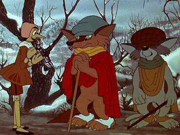 Pinocchio con il gatto e la volpe, screenshot da "Un burattino di nome Pinocchio", 1971