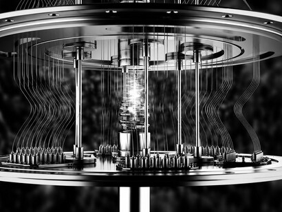 A futuristic quantum computing unit illuminated with glowing details, presented in a realistic 3D render that emphasizes innovation and high-tech design