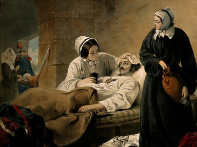 A colored lithograph of Florence Nightingale, the founder of modern nursing, captures her enduring influence on healthcare and hospital design, highlighting her focus on hygiene and patient well-being