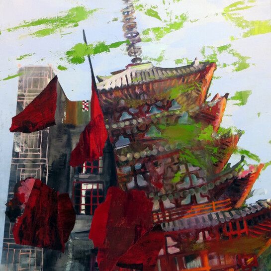 Judith Simonian, Tilting Red Tower, 2015, Acrylic on canvas, 66h x 58w in.