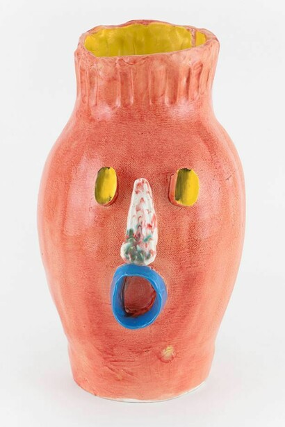 Dan McCarthy, Untitled Ceramic Facepot #35, 2013, Low fire clay and crystal glaze with enamel paint, 17 1/2 x 10 inches. Courtesy Anton Kern Gallery, New York