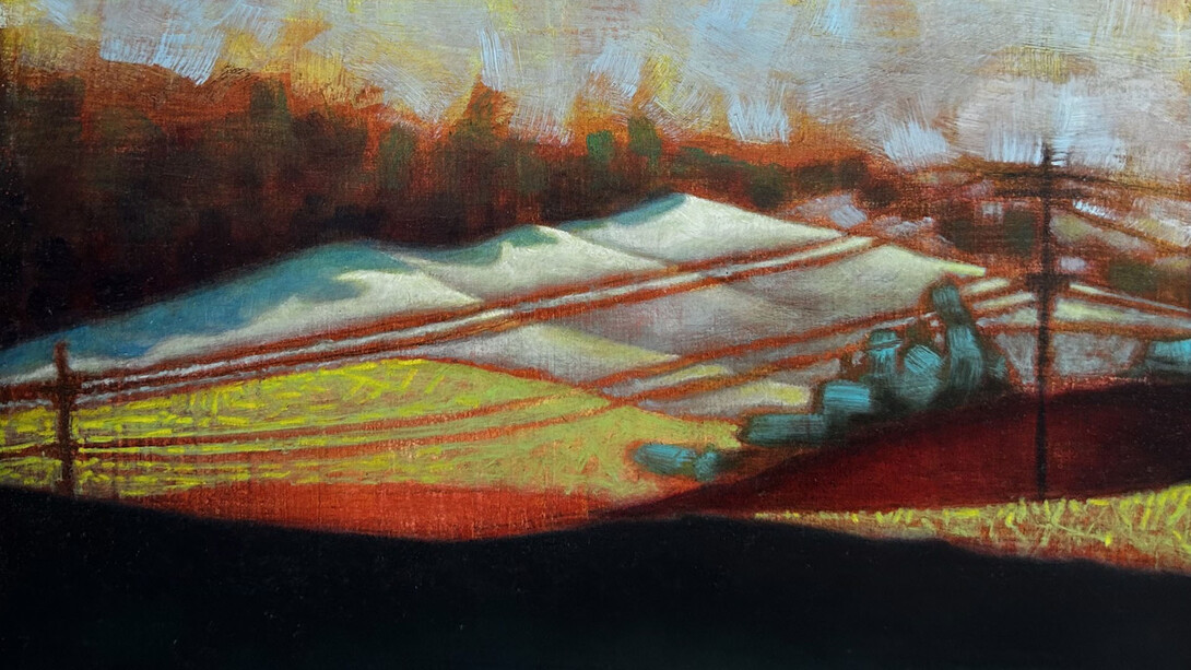 Ricardo Mulero, Undulating field beyond college crest (detail), 2025. Courtesy of Carrie Haddad Gallery