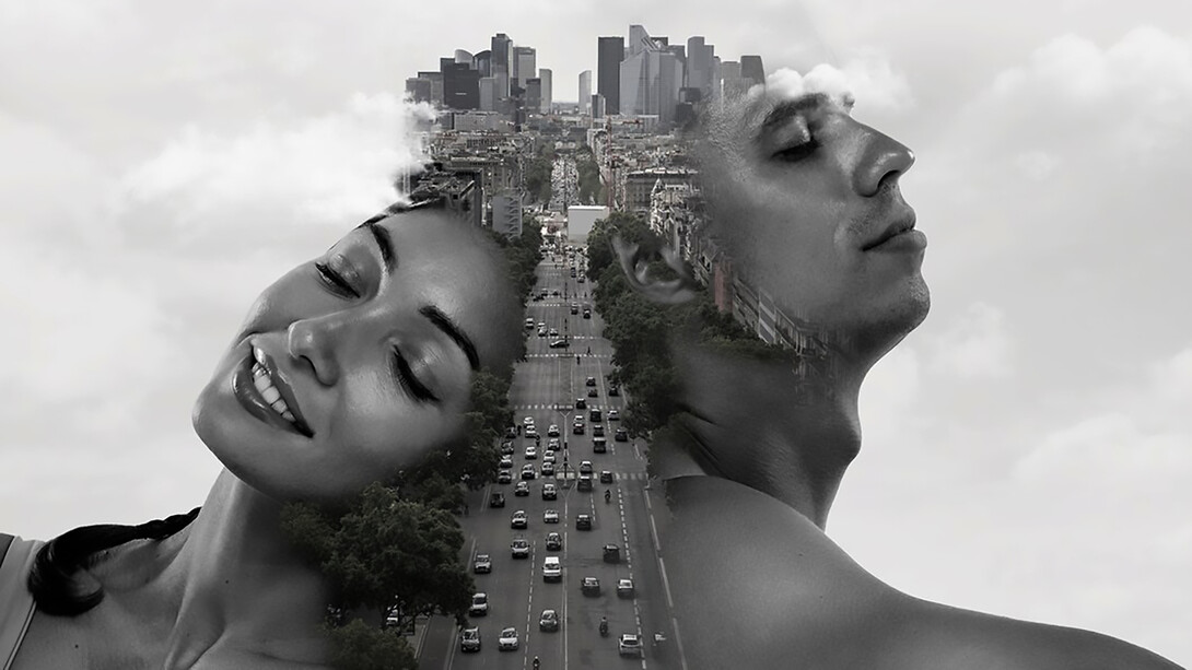 Visualize contrasting perspectives with an image of a man and a woman separated by a road, showcasing the diversity of viewpoints and perspectives