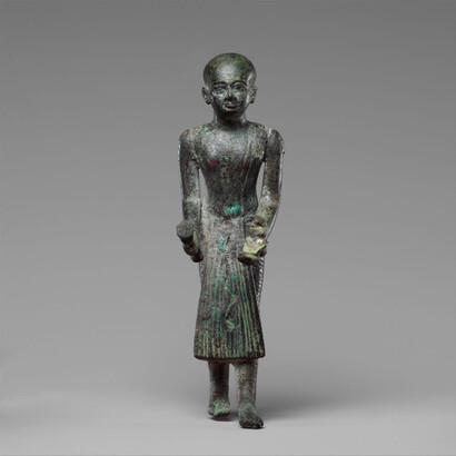 Period:Third Intermediate Period
Dynasty:Dynasty 22–24
Date:ca. 945–712 B.C.
Geography:From Egypt
Medium:Leaded bronze, gold leaf on censer and vessel
Dimensions:H. 11.7 × W. 3.4 × D. 5.9 cm (4 5/8 × 1 5/16 × 2 5/16 in.)