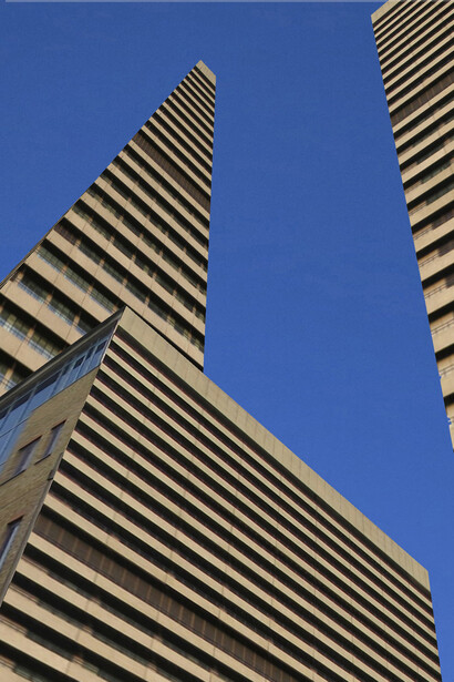 "Fractured Visions: Diffusions" (detail), Tamiko Thiel, Augmented Reality installation, 2014. Triptych of screenshots showing facade of Guy's Tower spreading onto the Southwark Wing building and The Shard. King's College Guy's Campus, Great Maze Pond Road, by London Bridge at the base of The Shard