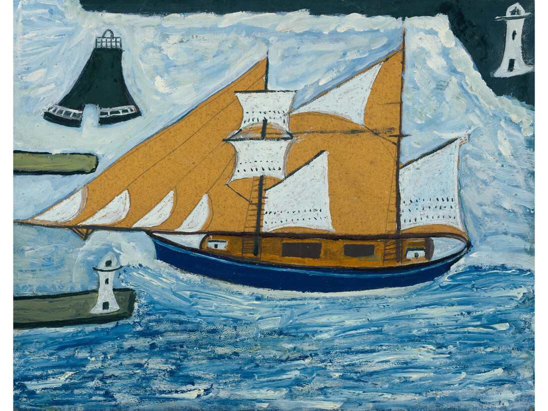 Alfred Wallis, The Blue Ship c.1934, Oil paint on board on wood, support: 438 x 559 mm frame: 528 x 646 x 46 mm, ©
Tate
