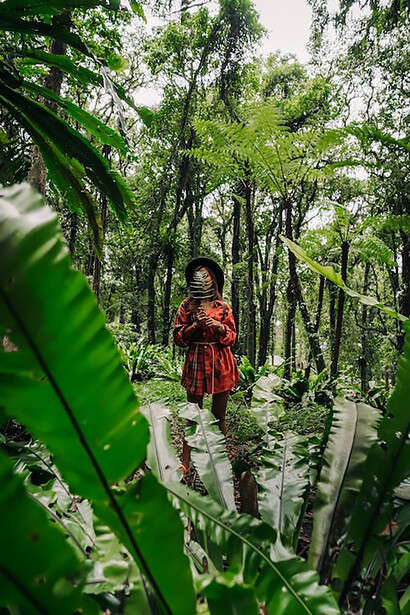 A woman wanderlust-filled, navigating the depths of a vibrant forest, her solitary figure harmonizing with the rich green landscape