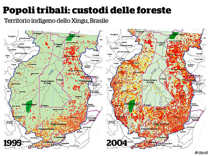 Il parco indigeno dello Xingu (delimitato in rosa), in Brasile, è abitato da diverse tribù. Costituisce una barriera fondamentale alla deforestazione (in rosso) della foresta Amazzonica ©ISA (Instituto Socioambiental)