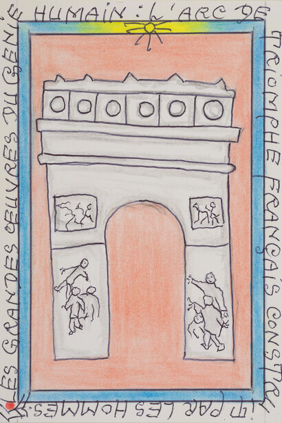 Frédéric Bruly Bouabrè, L'Arc de Triomphe français construit par les
hommes, dalla serie Le grandes ceuvres du genie humain, 2012, tecnica
mista su cartoncino, cm. 15x11.