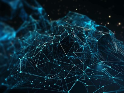 Struttura tridimensionale e complessa di nodi interconnessi, sospesa in uno spazio oscuro e punteggiata da luci. Evoca una rete globale, dati in movimento o connessioni neuronali in un universo digitale