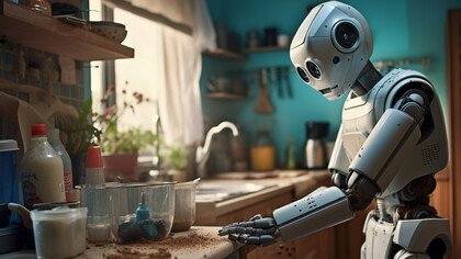 A humanoid futuristic robot cooking in the kitchen, performing everyday human tasks