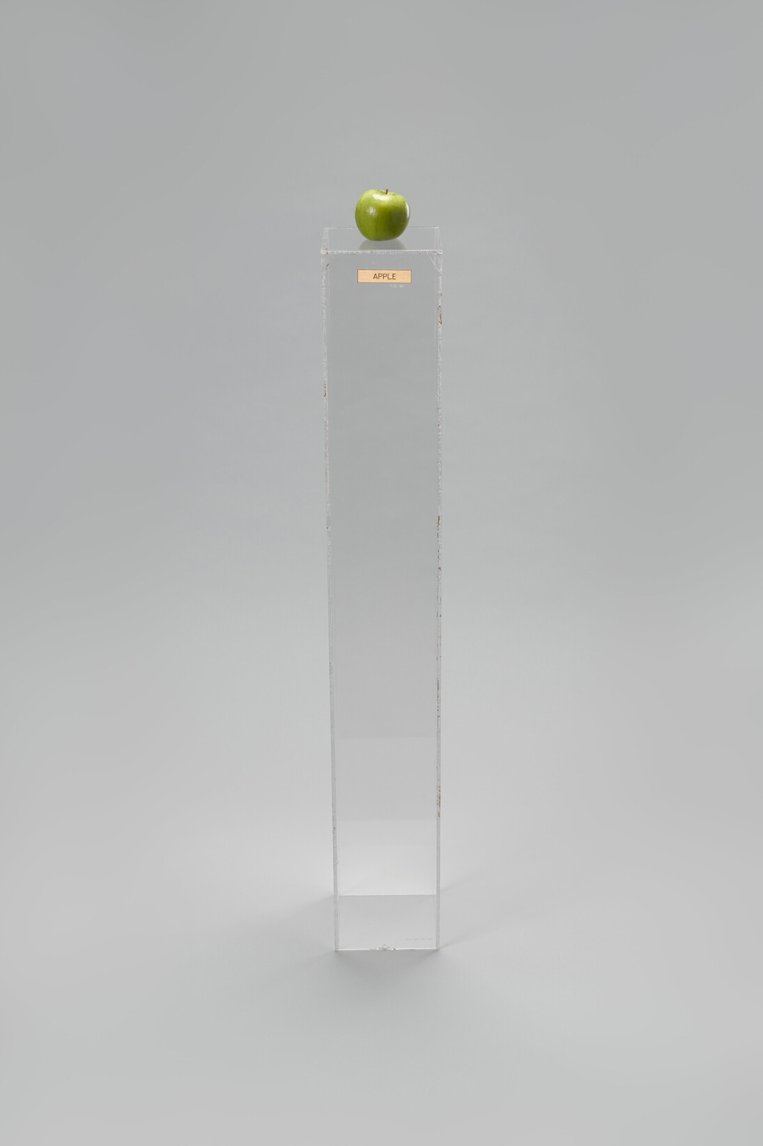 Yoko Ono (Japanese, born 1933), Apple. 1966. Plexiglas pedestal, brass plaque, apple, 45 × 6 11/16 × 6 15/16″ (114.3 × 17 × 17.6 cm). Private collection. © Yoko Ono 2014