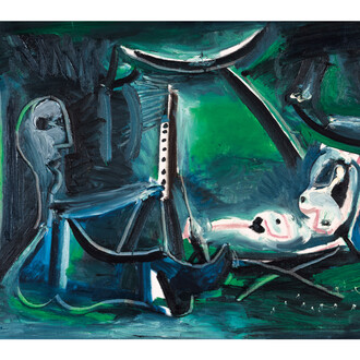 Pablo Picasso, Le peintre et son modèle dans un paysage, 1963, Oil on canvas, 25 5/8 x 39 3/8 inches, Acquavella Galleries Art © 2015 Estate of Pablo Picasso / Artists Rights Society (ARS), New York