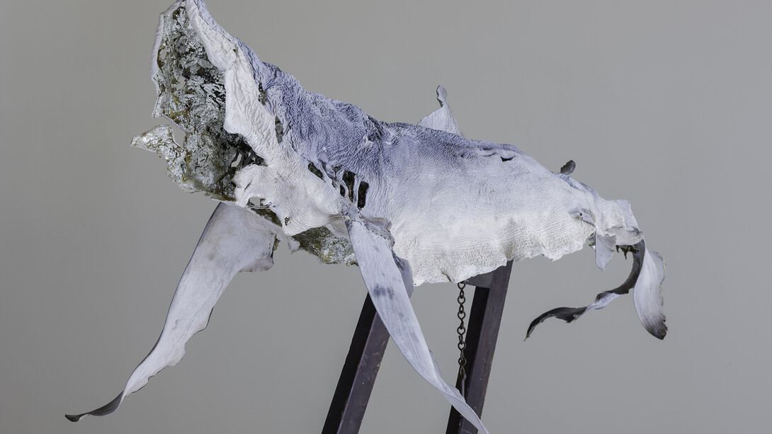 Dorothy Cross, Buoy, 2014, blue shark skin, white gold leaf, antique easel, Italian alabaster, 180 x 130 x 80 cm, 70.9 x 51.2 x 31.5 in, courtesy of the artist and Kerlin Gallery, Dublin 
