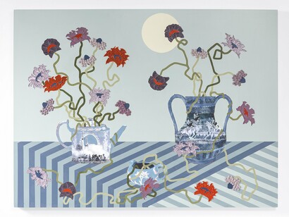 Lizzie Gill, Still Life with Three Blue Vessels (Counterdrive), 2023, Acrylic, image transfer & marble dust emulsion on panel, 30 x 40 in (76.2 x 101.6 cm). Image courtesy of the Artist and Geary Contemporary