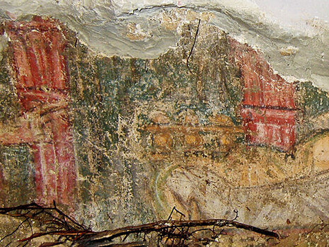 San Marco dei Sabariani, Benevento, Italia. Affresco "Dormitio Virginis", dettaglio