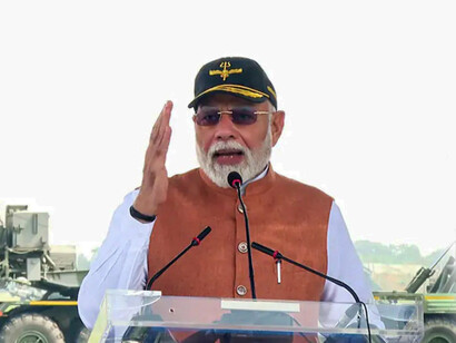 Prime Minister Narendra Modi addresses Air Warriors and soldiers at the Adampur Air Force Base following the launch of Operation Sindoor