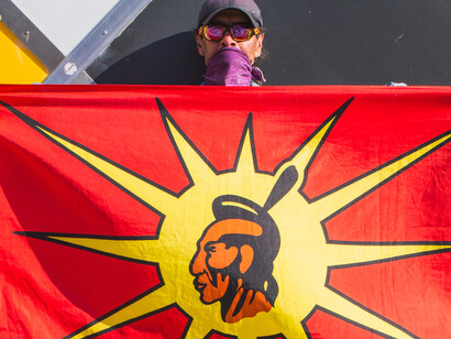 Mohawk Warrior flag at the Occupy Bay Street protest in Toronto, 2020