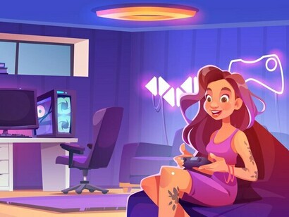 A woman works late into the night in her Sims virtual house, surrounded by Sims characters, immersed in gameplay