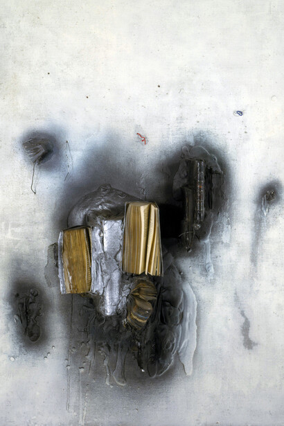 John Latham, Seein's Believin, 1961, Books, wire mesh, plaster, paint on canvas on hardboard, 122 x 91 x 20 cm. © John Latham; Courtesy, the Artist & Lisson Gallery