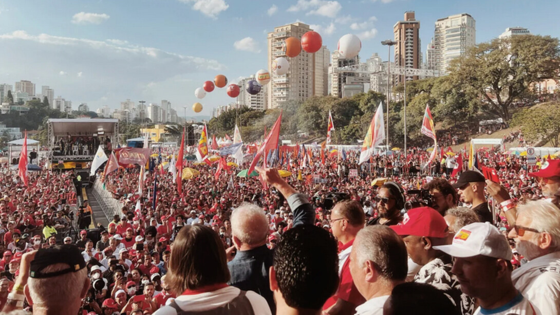 Luiz Inácio Lula da Silva gives a speech to union workers at Praça Charles Muller, São Paulo, on International Workers' day, May 1, 2022. Luisa Dörr for TIME 