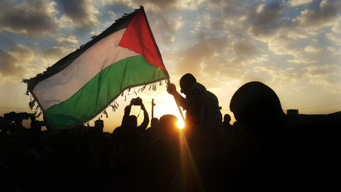 Refugiados palestinos ondean la bandera