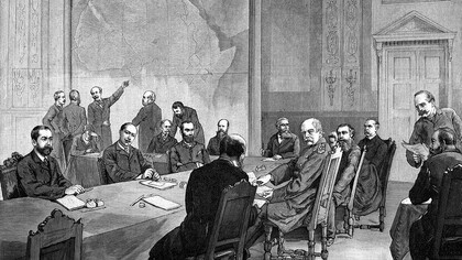 Bismarck en la Conferencia de Berlín (1885-1886), por la cual las potencias europeas determinaban la expansión colonial y reparto de África cual pastel de cumpleaños