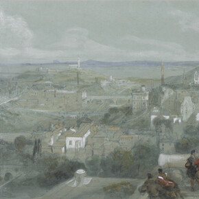 David Roberts, View of Edinburgh from the Ramparts of the Castle (detail), Looking East 1846, Watercolour with gum arabic over pencil, heightened with white bodycolour on two sheets of blue-green paper, joined together, faintly squared in pencil, 28.50 x 80.00 cm, Scottish National Gallery collection