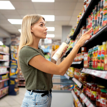 Mulher escolhendo produto no supermercado. Embalagens definitivamente acompanham todos os alimentos encontrados em supermercados