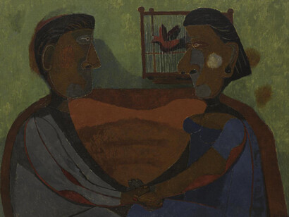 Rufino Tamayo, The Lovers [Amantes], 1943, oil on canvas, 34 1/4 x 44 1/4 in. San Francisco Museum of Modern Art, Purchase with the aid of funds from W. W. Crocker. © Tamayo Heirs/Mexico/Licensed by VAGA, New York, NY. Photo by Katherine Du Tiel