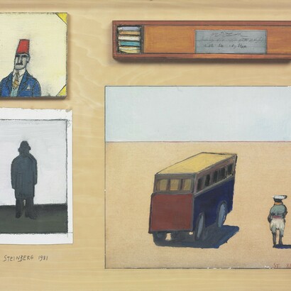 Saul Steinberg, Cairo Table, 1981, oil, collage, painted wood, ink and pencil on wood, 16 1/8" x 20 3/4", Provenance: Galerie Maeght Lelong, Paris, Elisabeth Franck Gallery, Belgium. Courtesy of Adam Baumgold Gallery